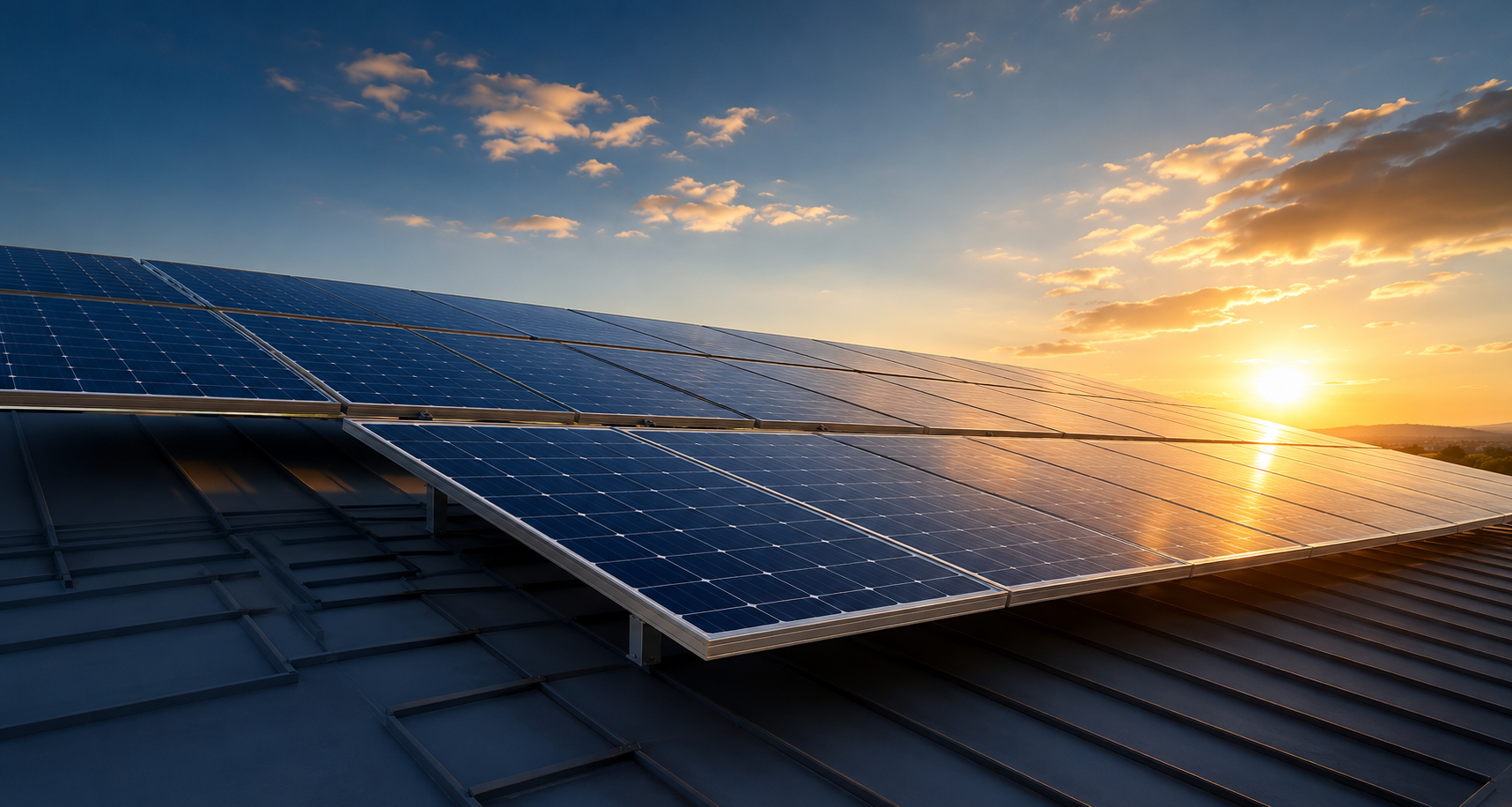 Painéis solares em telhado ao pôr do sol